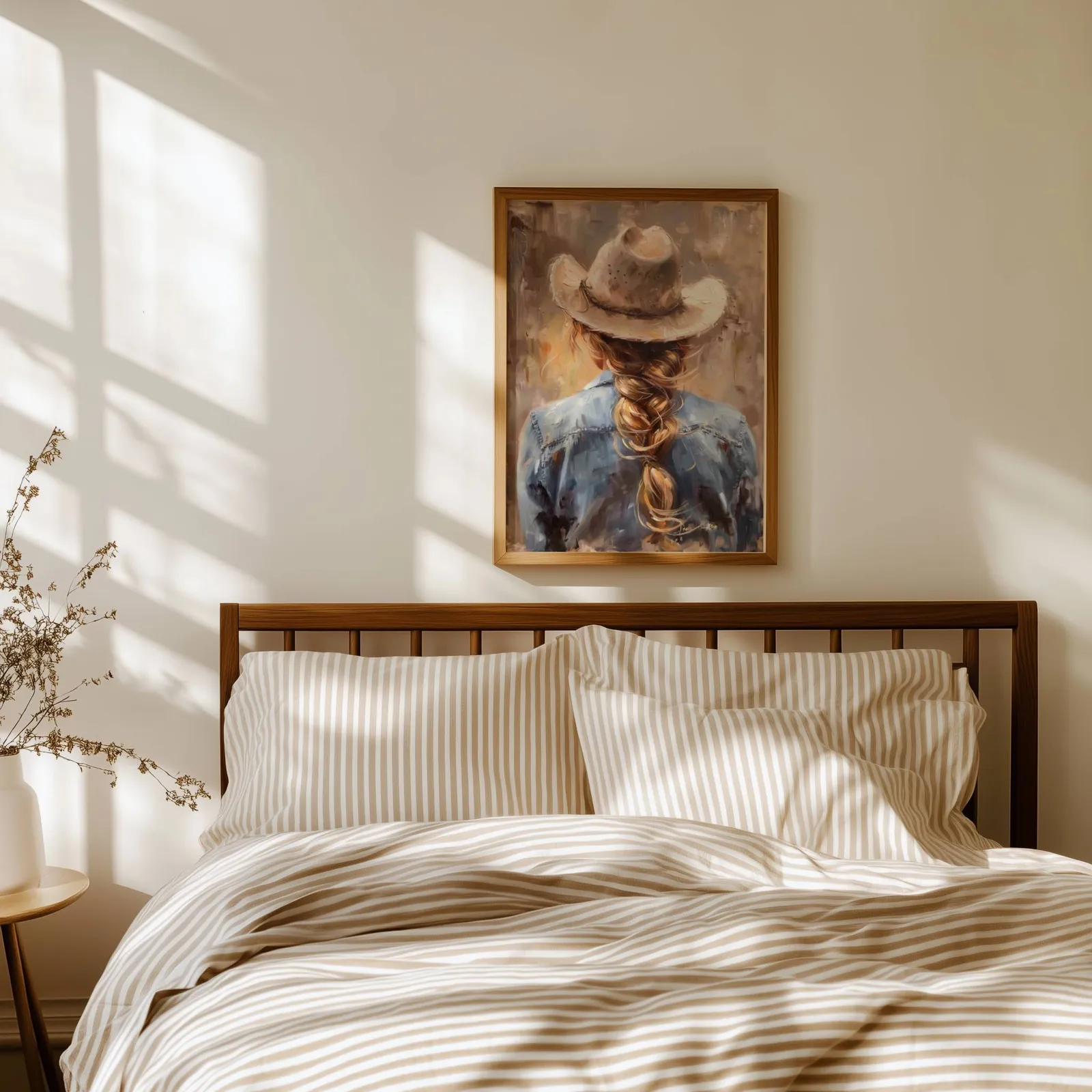 cowgirl western portrait wall art, above a spindle headboard with striped linen bedding
