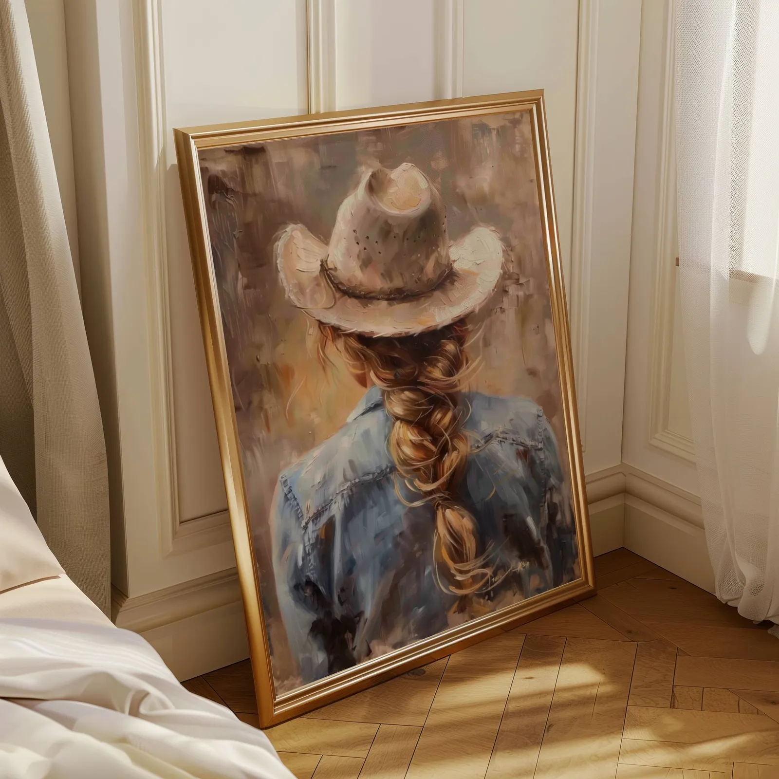cowgirl western portrait wall art, leaning in a sunlit corner beside sheer curtains and herringbone floor