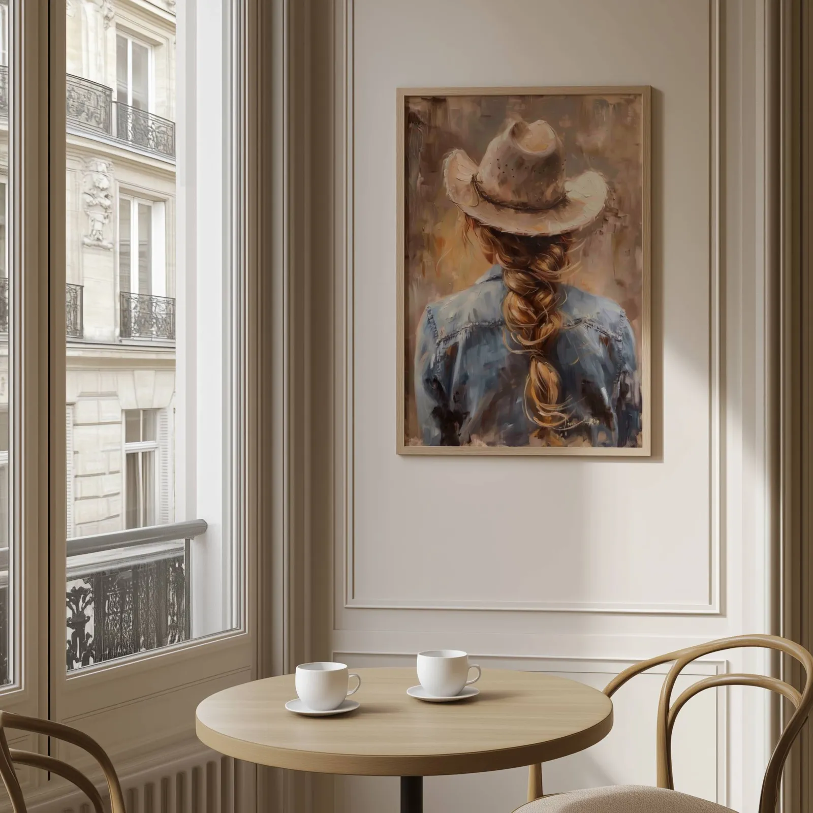 cowgirl western portrait wall art, above a round café table set with two coffee cups