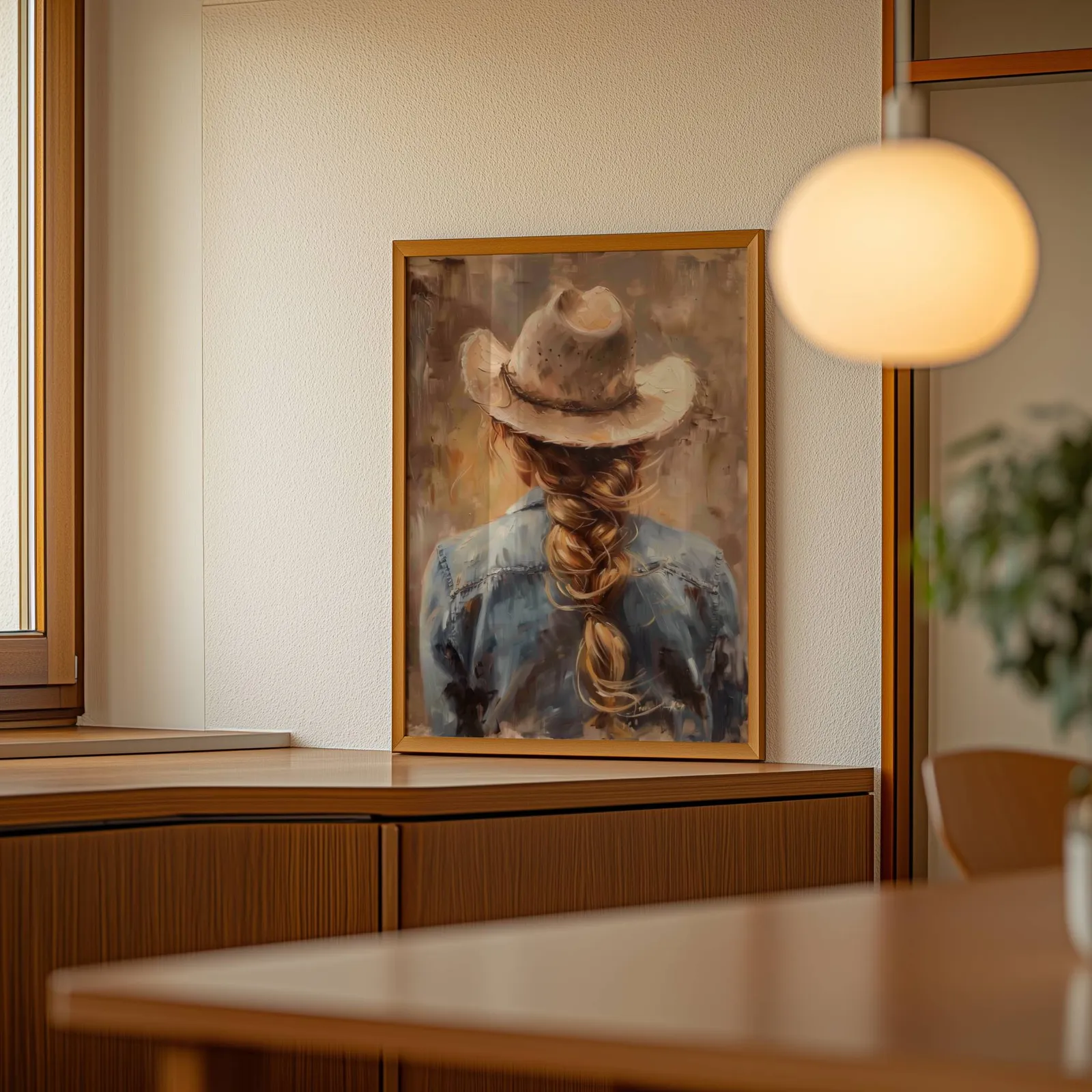 cowgirl western portrait wall art, leaning on a wooden sideboard beside a glowing globe pendant