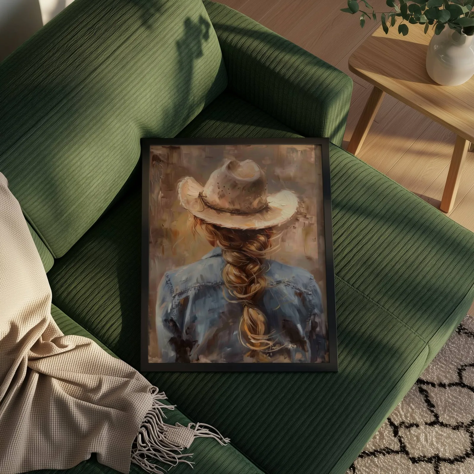 cowgirl western portrait wall art, propped on a ribbed olive-green sofa beside a fringed throw