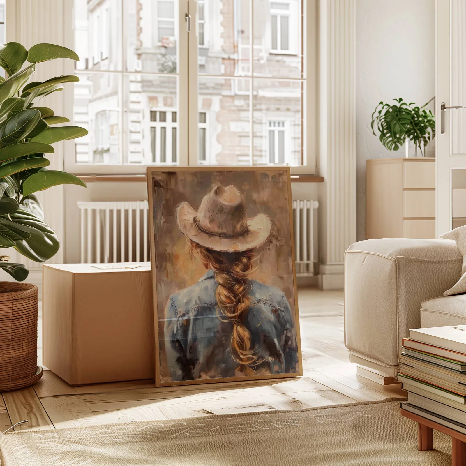cowgirl western portrait wall art, leaning against a cardboard box near a tall window radiator