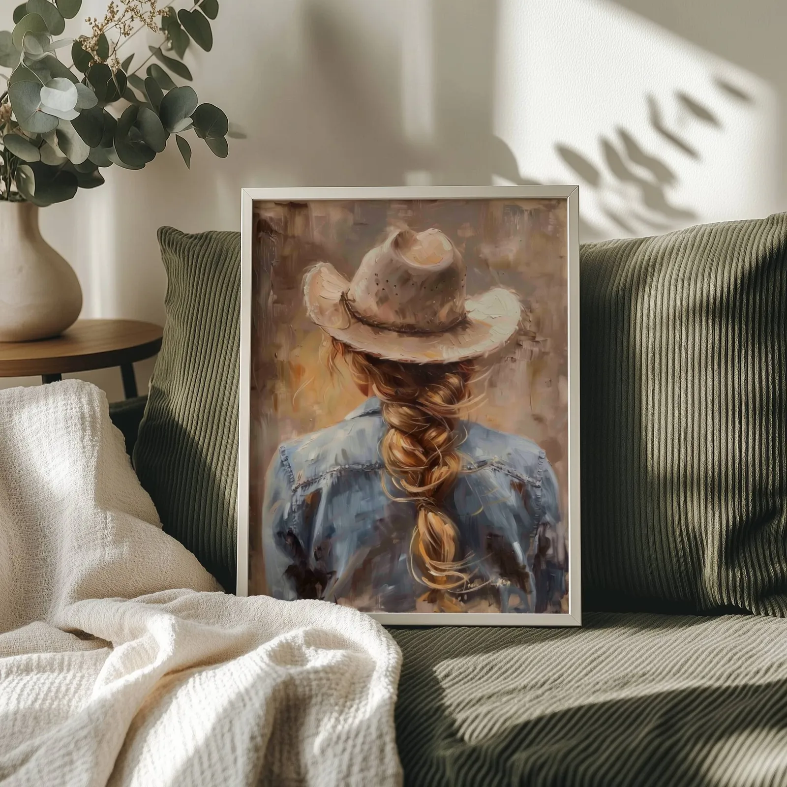 cowgirl western portrait wall art, propped on an olive corduroy sofa beside a eucalyptus vase
