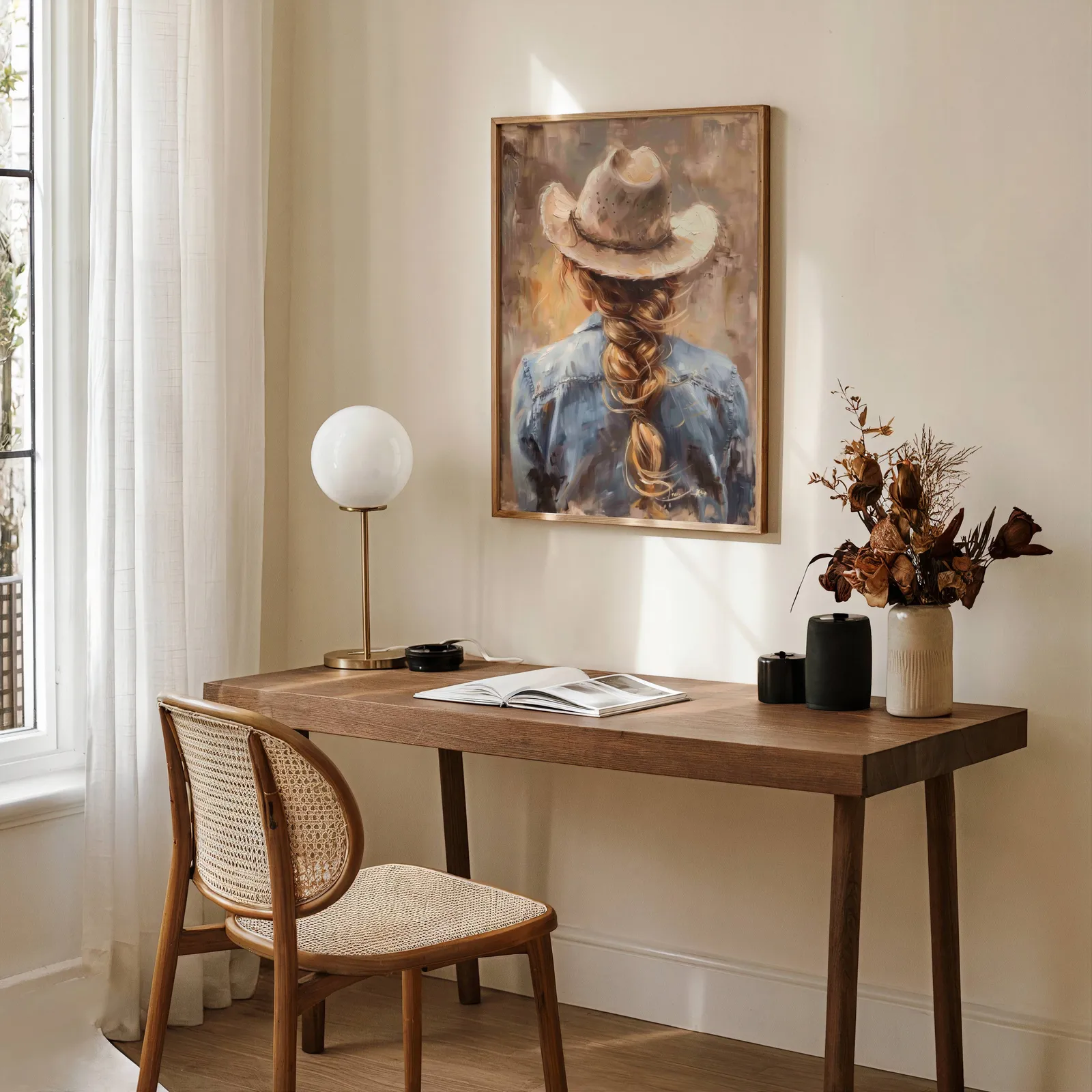 cowgirl western portrait wall art, above a wooden desk with a globe lamp and dried flowers