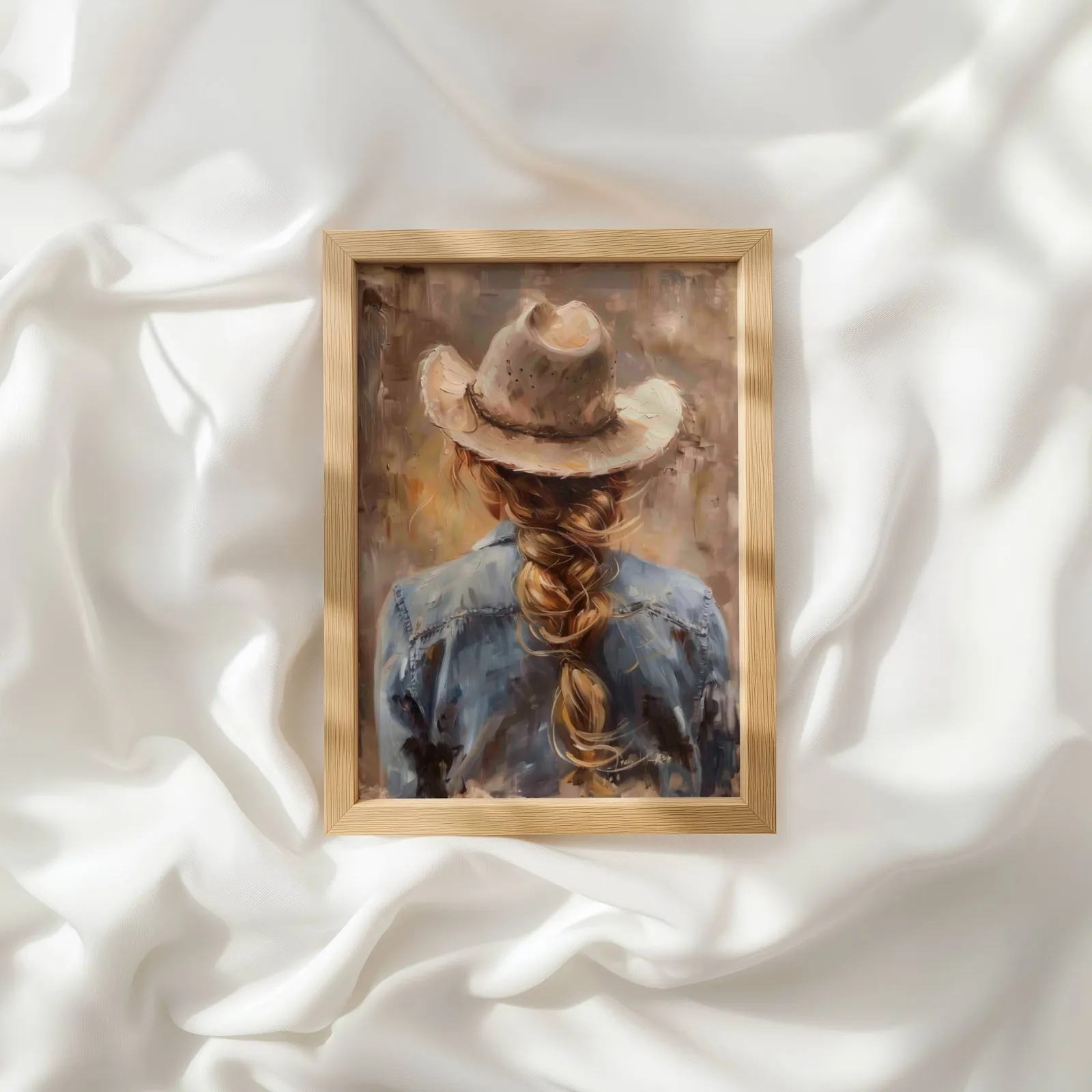 cowgirl western portrait wall art, resting atop rumpled white silky fabric