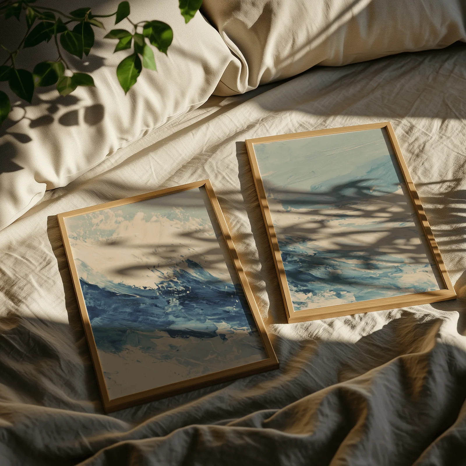 blue ocean wave abstract wall art set of two, resting on rumpled linen sheets with dappled leaf shadows