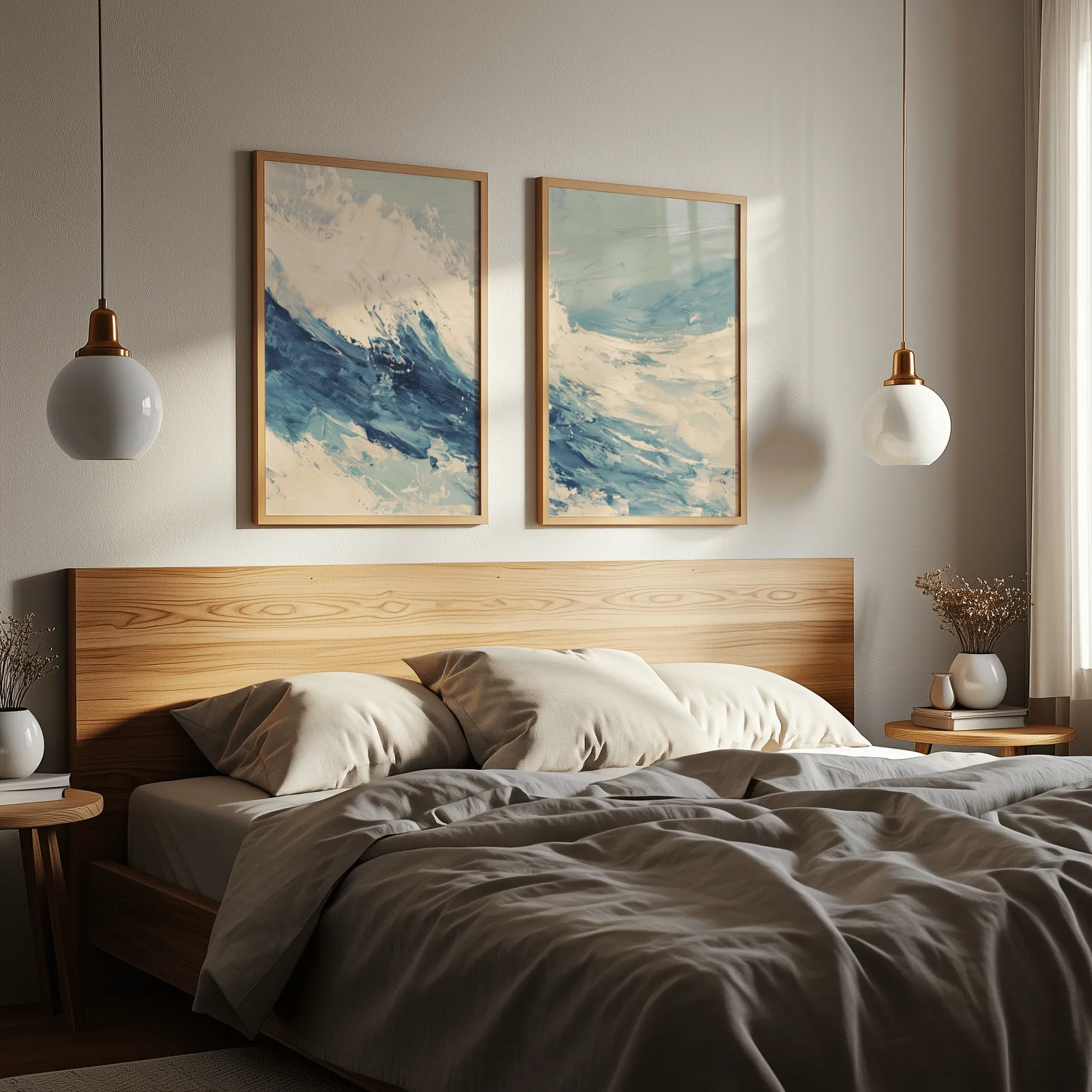 blue ocean wave abstract wall art set of two, above a wooden headboard flanked by globe pendant lights