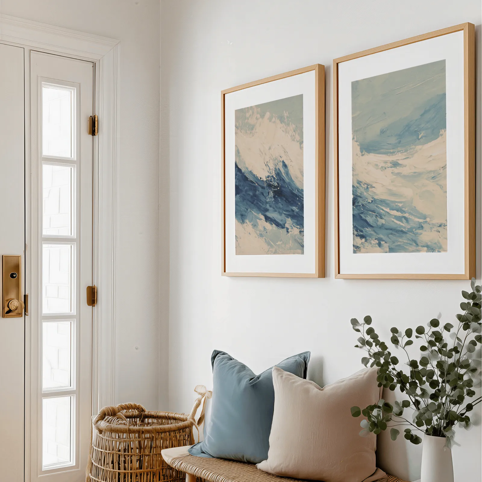 blue ocean wave abstract wall art set of two, above a bench with blue and blush pillows near the entry door