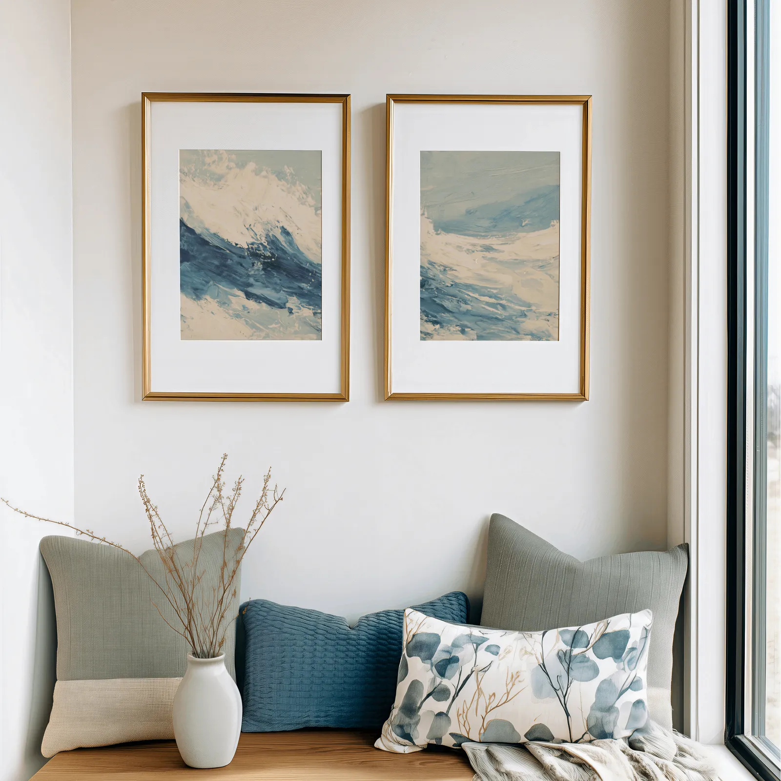 blue ocean wave abstract wall art set of two, above a cushioned window seat with sage and blue pillows