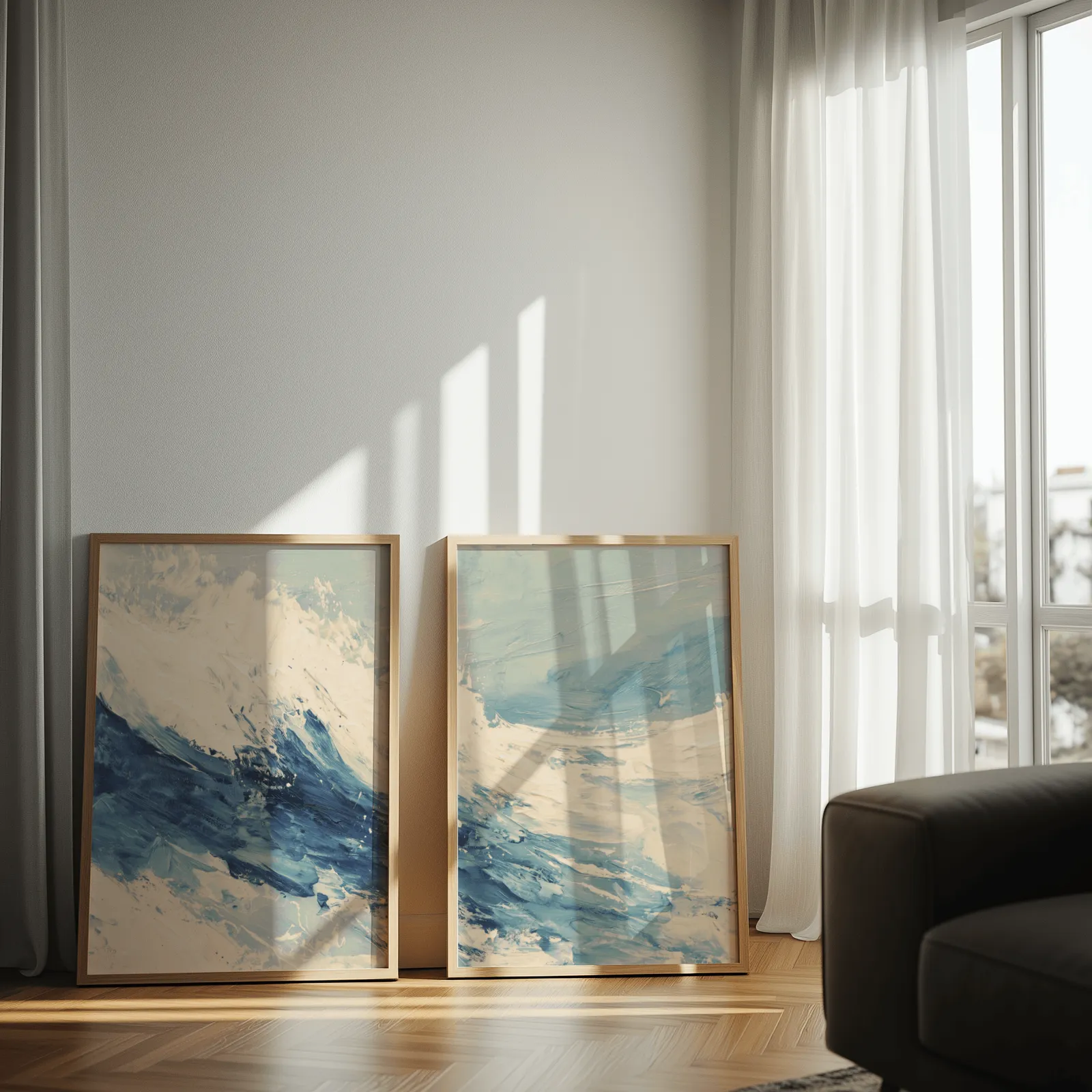 blue ocean wave abstract wall art set of two, leaning against a sunlit wall by sheer curtains