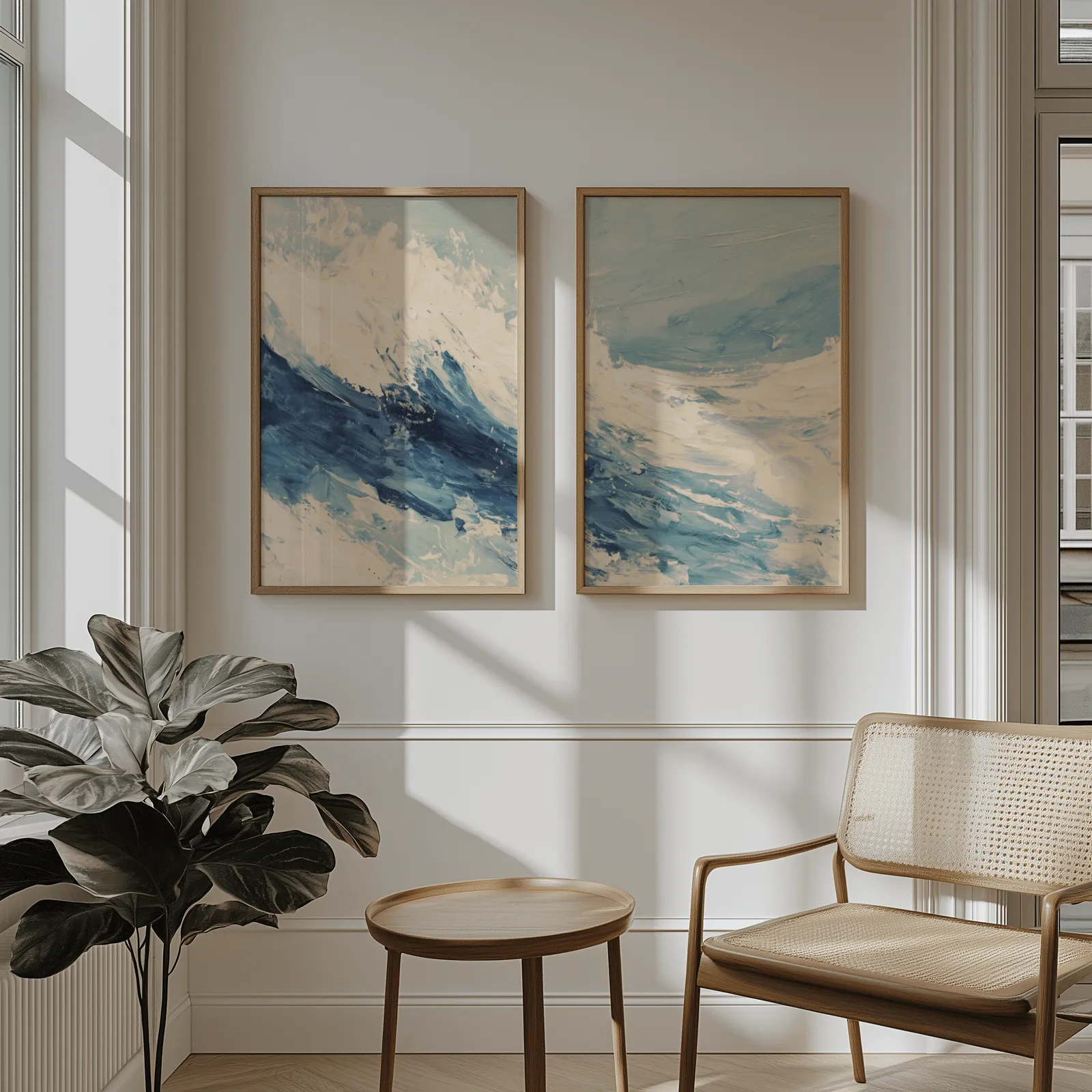 blue ocean wave abstract wall art set of two, above wainscoting beside a cane armchair and fiddle-leaf fig