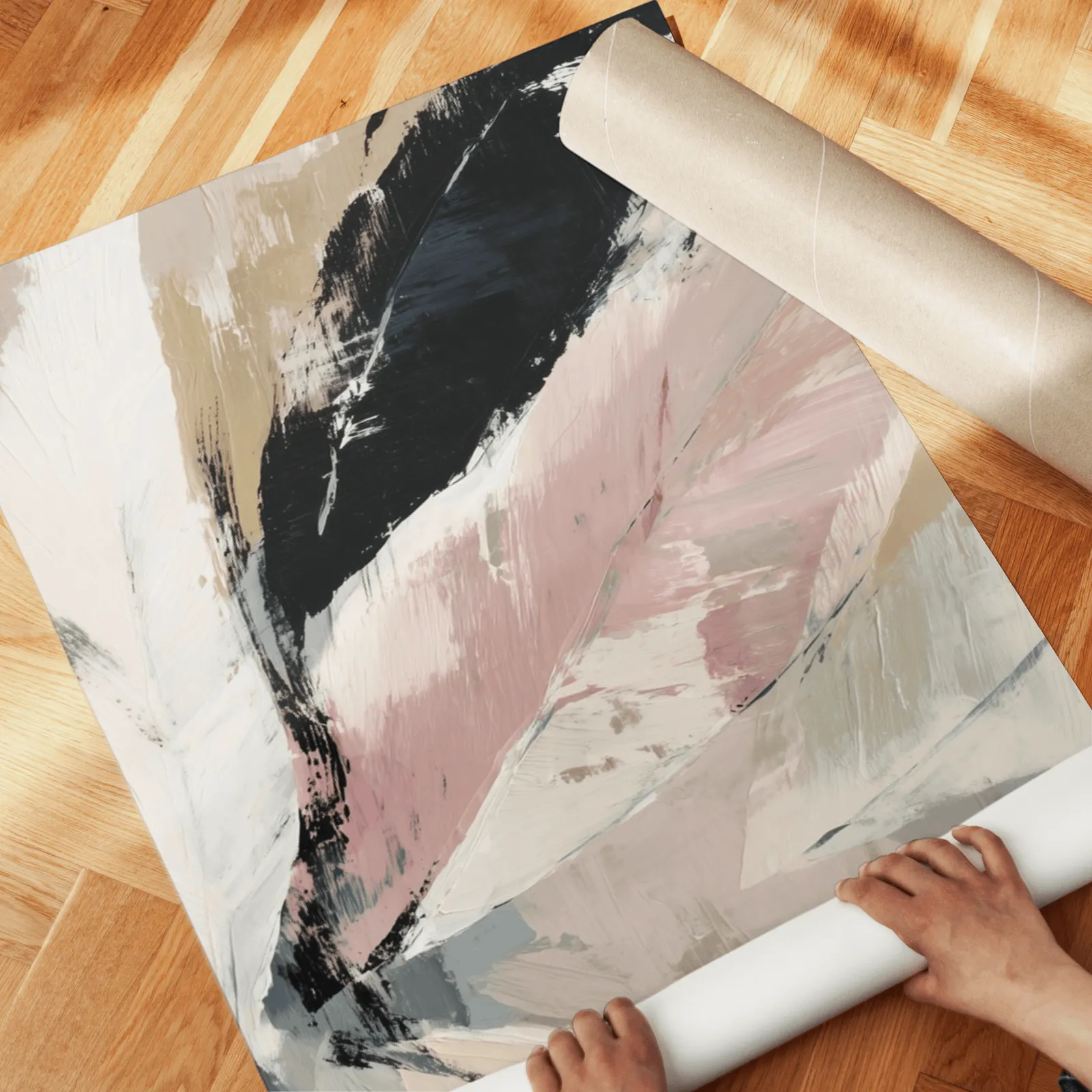 pink and green abstract botanical wall art set of 2, unrolled across a herringbone parquet floor by hand
