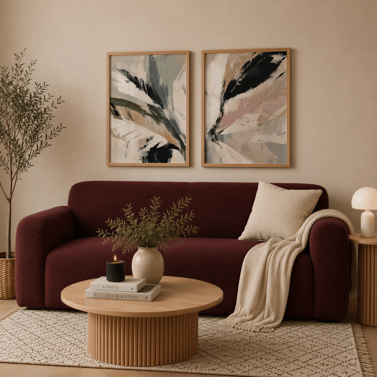 pink and green abstract botanical wall art set of 2, above a deep burgundy boucle sofa with cream throw
