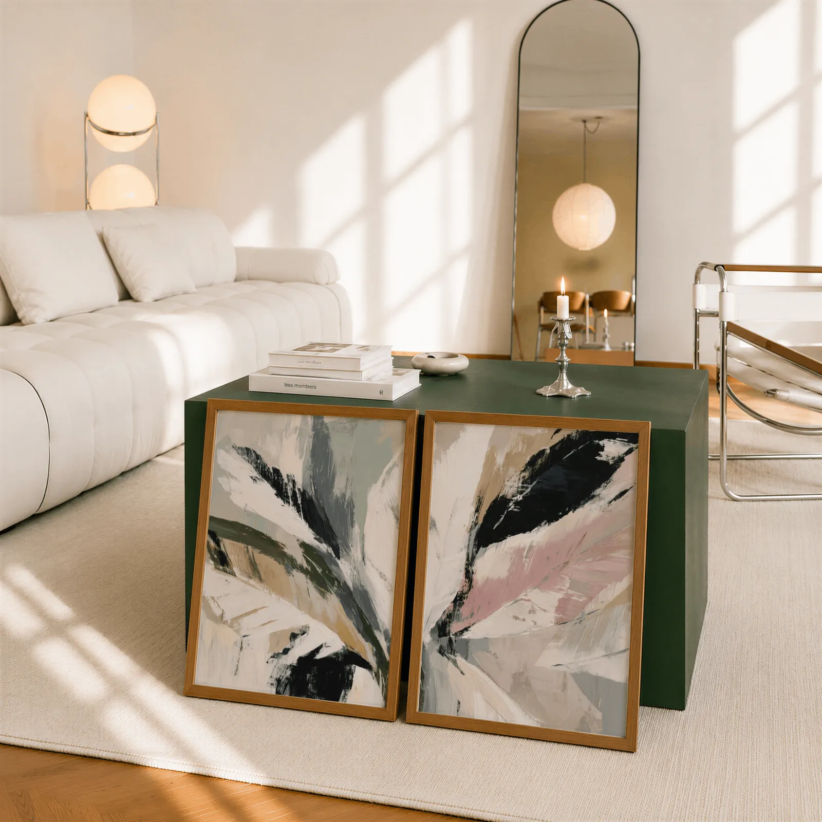 pink and green abstract botanical wall art set of 2, leaning against a dark green cube table beside an arched mirror