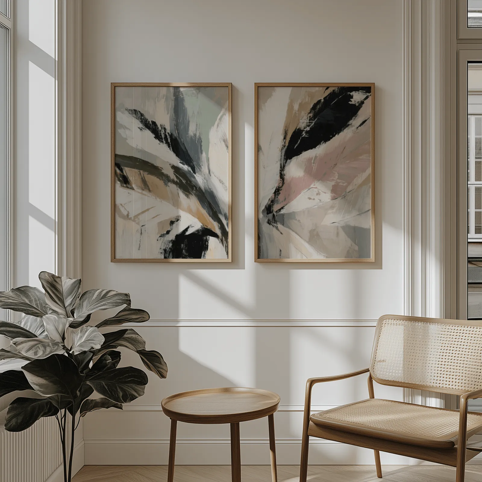 pink and green abstract botanical wall art set of 2, above wainscoting beside a cane armchair and fiddle-leaf fig