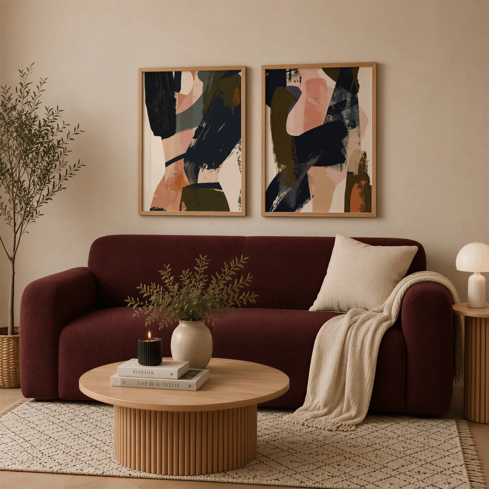 blue terracotta abstract wall art set of 2, above a deep burgundy boucle sofa with cream throw