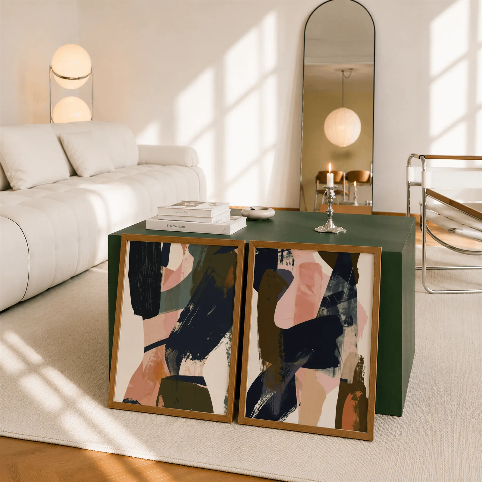 blue terracotta abstract wall art set of 2, leaning against a dark green cube table beside an arched mirror