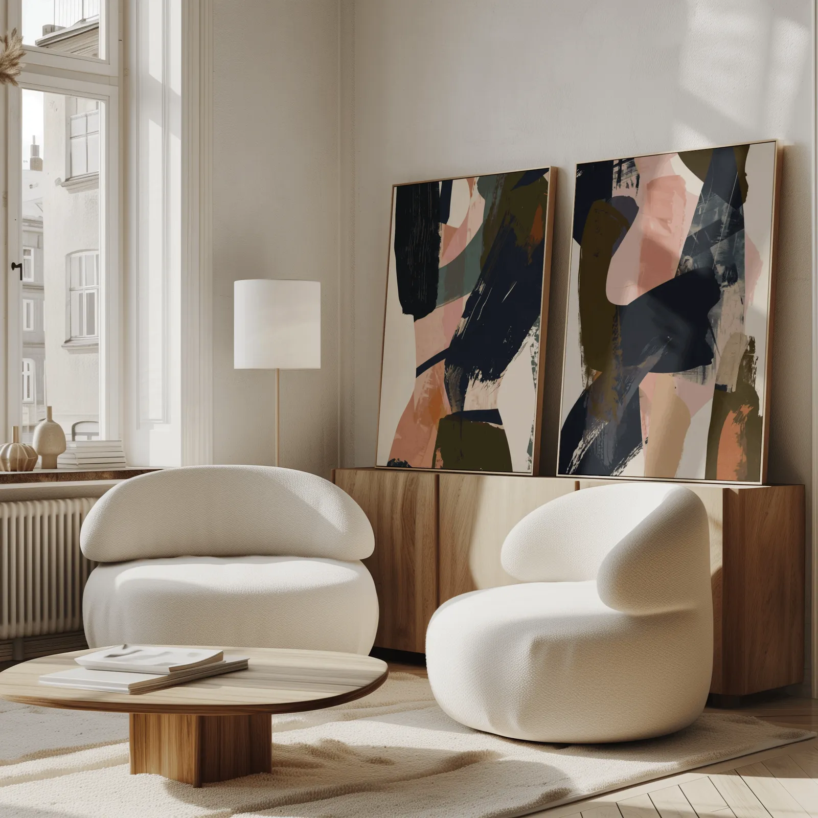 blue terracotta abstract wall art set of 2, propped against a wooden sideboard beside boucle armchairs