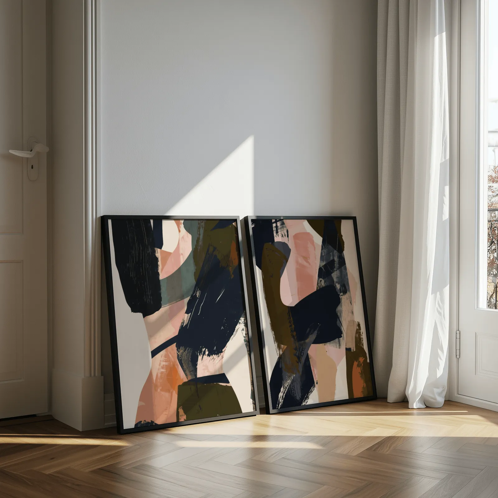 blue terracotta abstract wall art set of 2, leaning against a sunlit wall by herringbone floor and sheer curtains