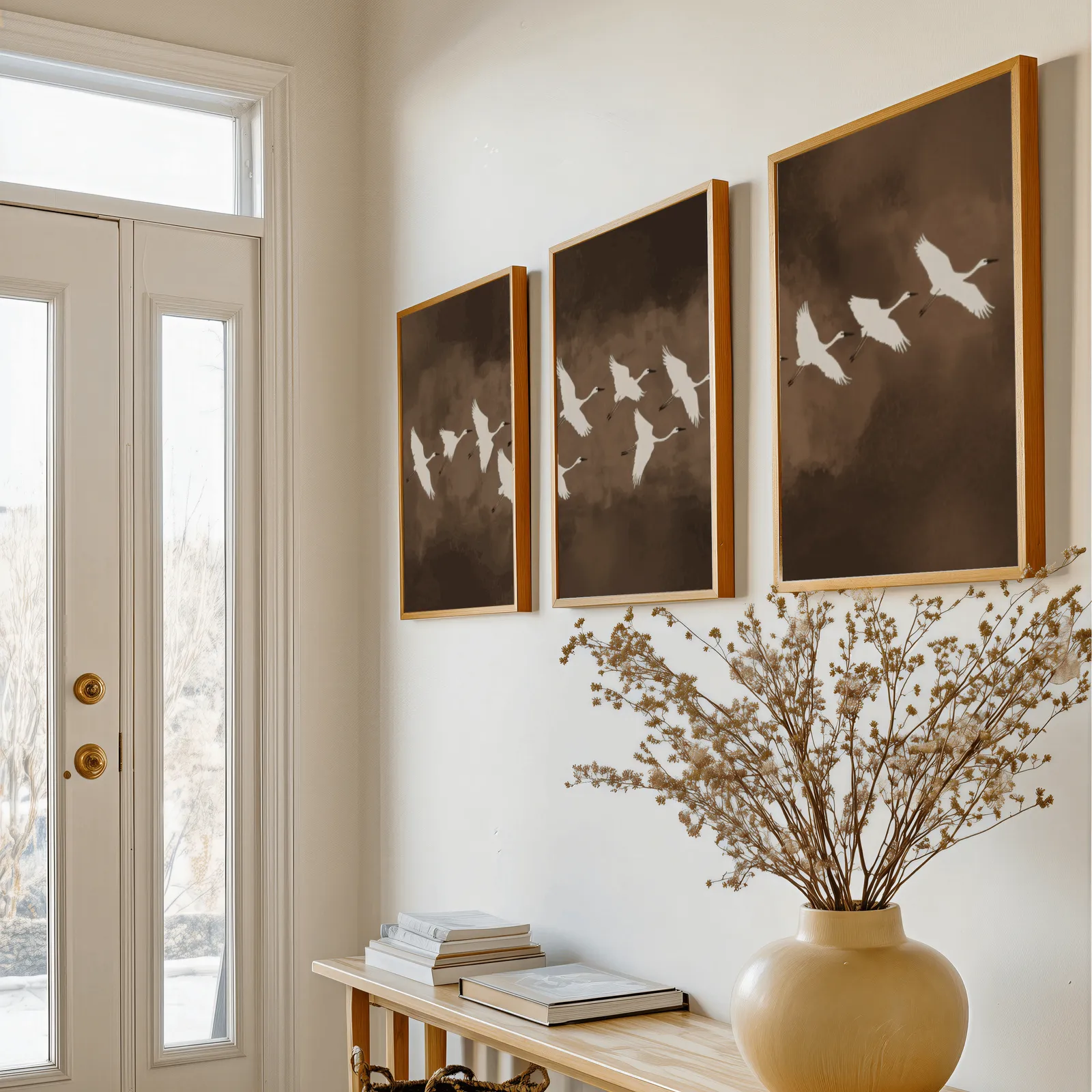 brown minimalist crane wall art set of three, above a console table with a yellow vase of dried branches