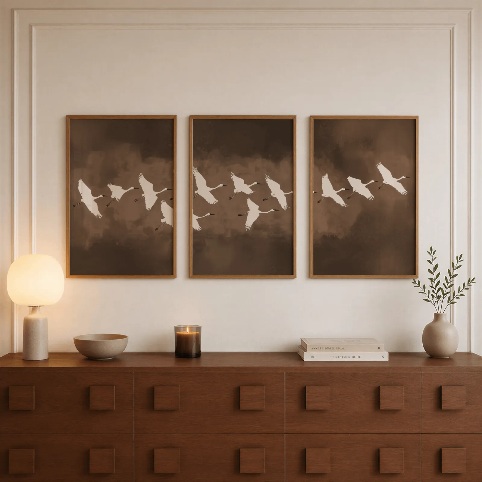 brown minimalist crane wall art set of three, above a walnut sideboard with a lit candle and glowing lamp