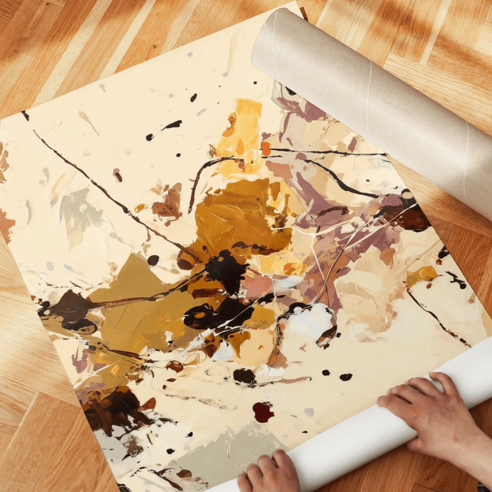 terracotta abstract three piece wall art set, unrolled across a herringbone wood floor by hand