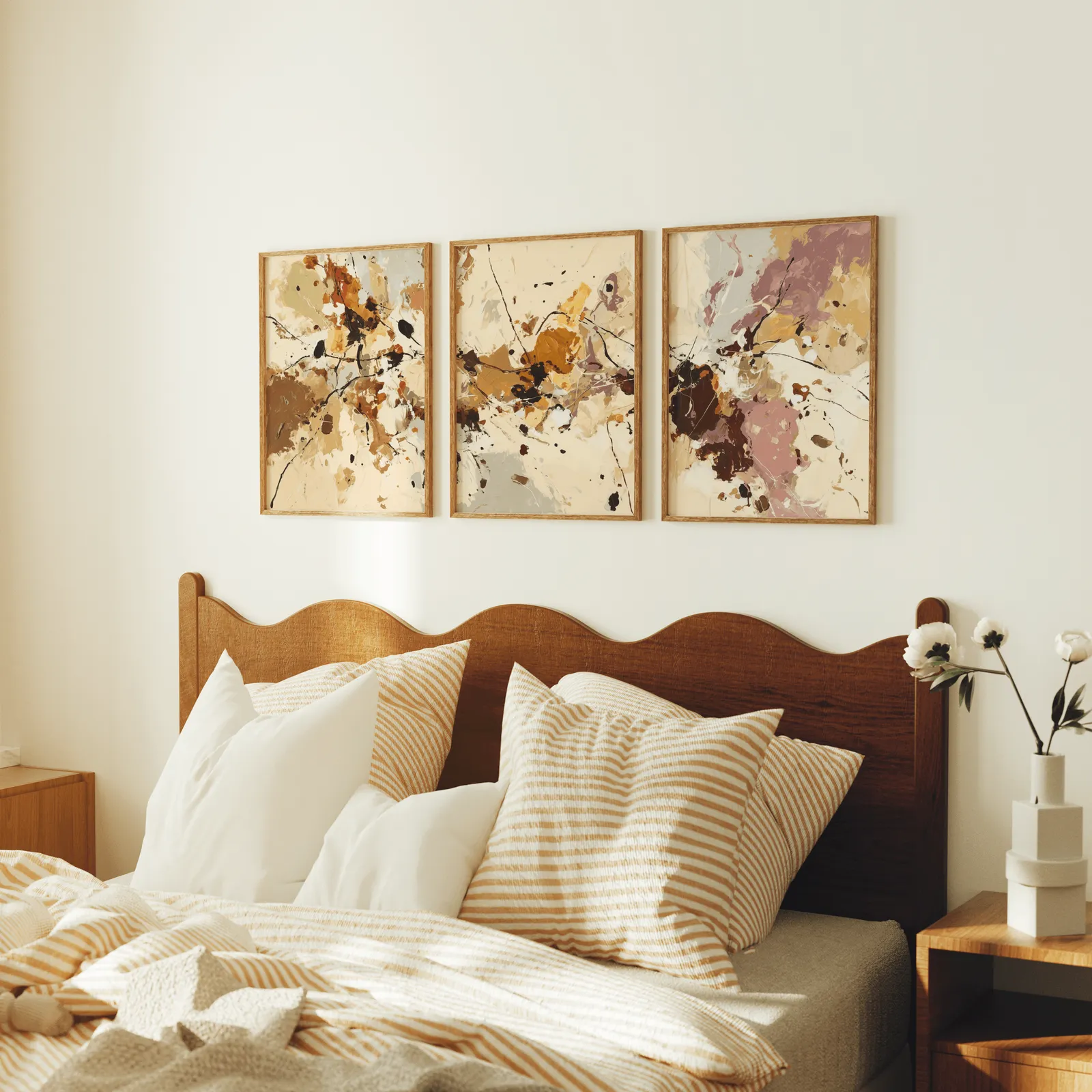 terracotta abstract three piece wall art set, above a scalloped wooden headboard with striped pillows