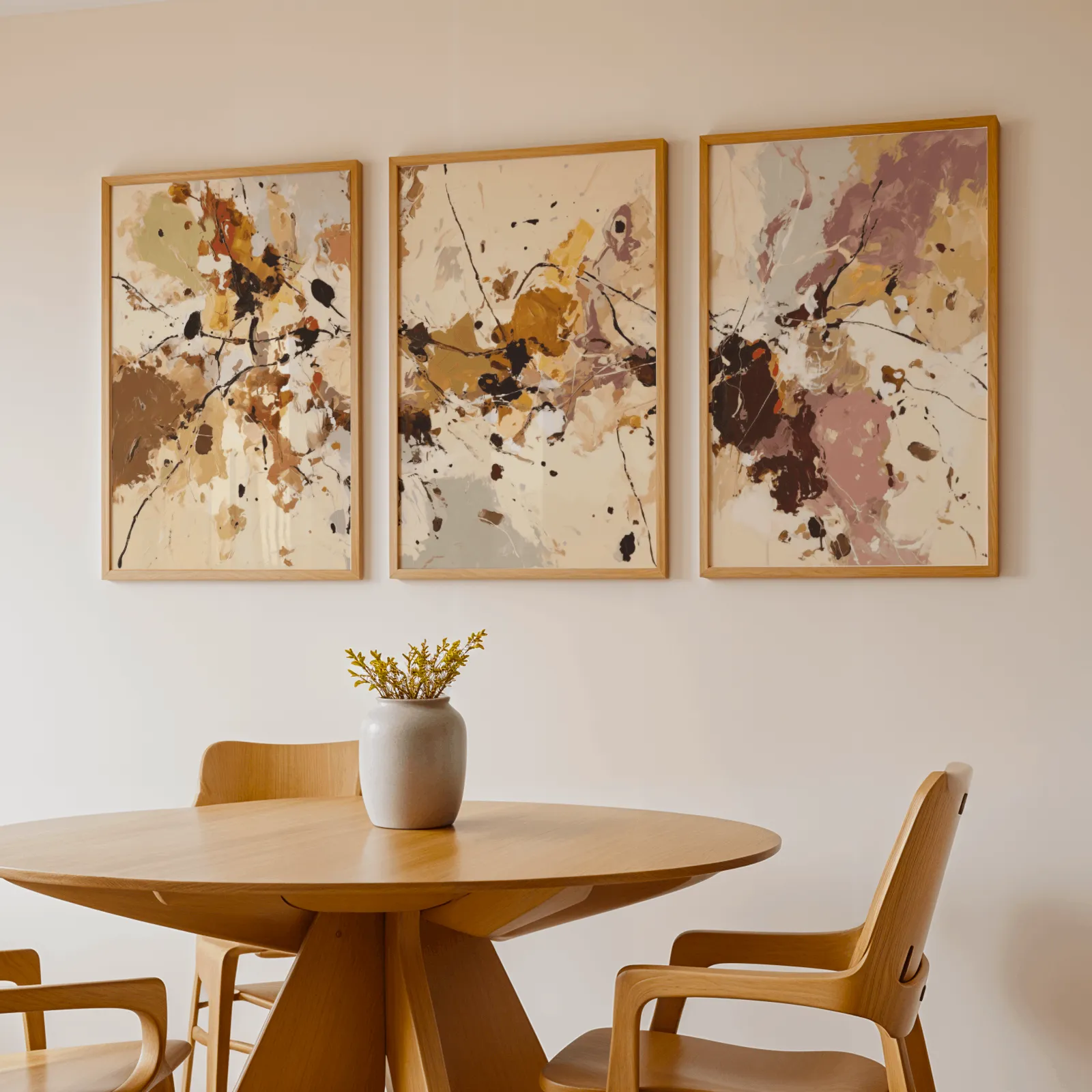 terracotta abstract three piece wall art set, above a round wooden table with a stoneware vase