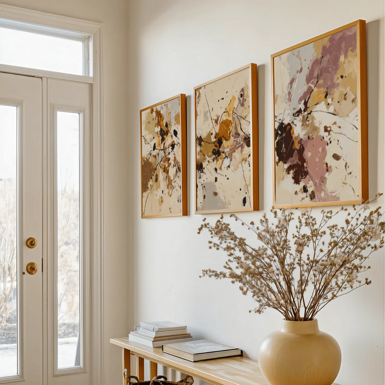 terracotta abstract three piece wall art set, above a console table with a yellow vase of dried branches