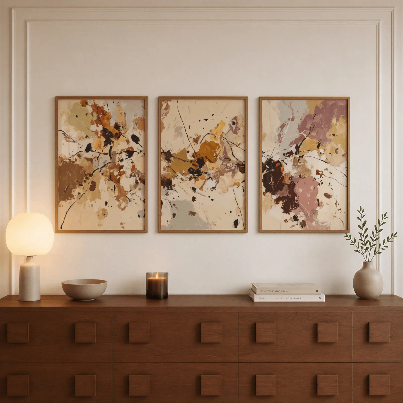 terracotta abstract three piece wall art set, above a walnut sideboard with a lit candle and glowing lamp