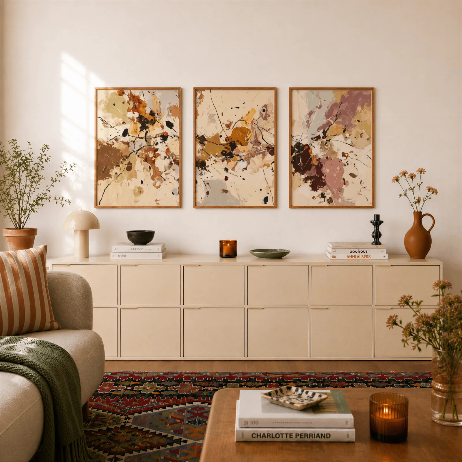 terracotta abstract three piece wall art set, above a long cream sideboard topped with books and a terracotta jug