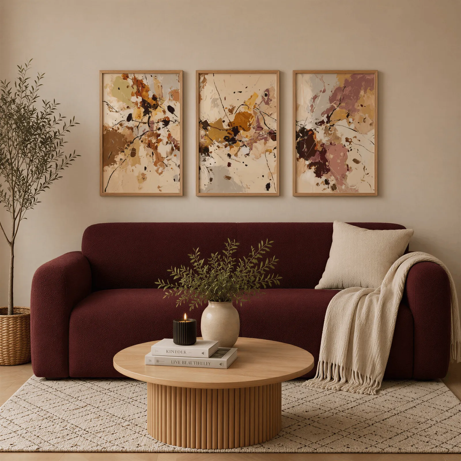 terracotta abstract three piece wall art set, above a burgundy boucle sofa with a cream throw