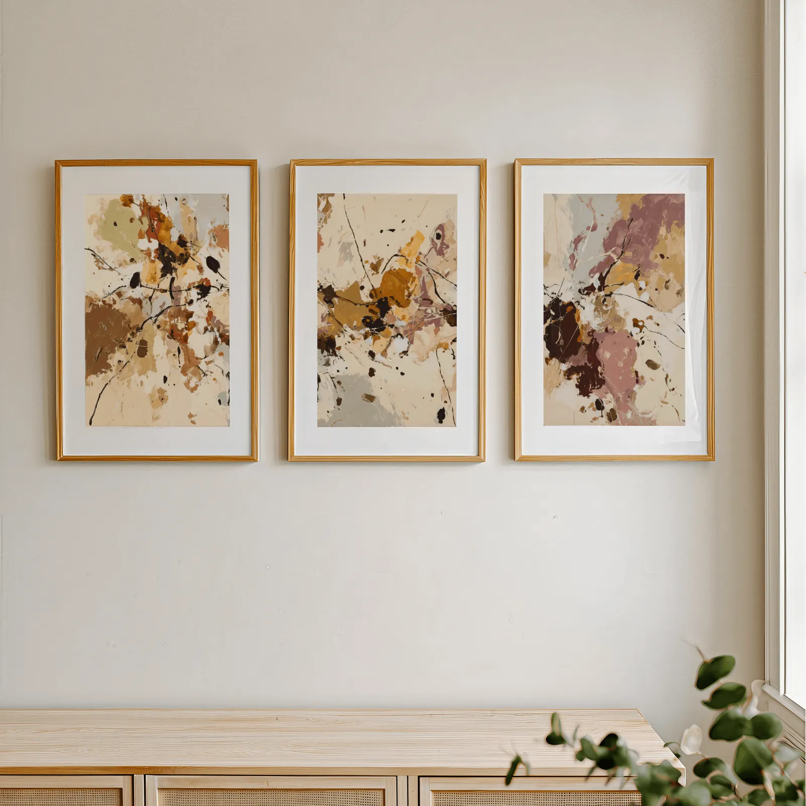 terracotta abstract three piece wall art set, in a row above a light wooden sideboard near a window
