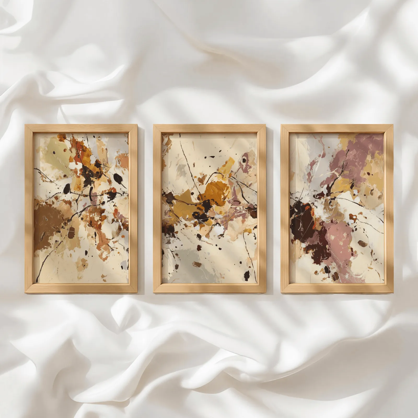 terracotta abstract three piece wall art set, in a row atop rumpled white silky fabric
