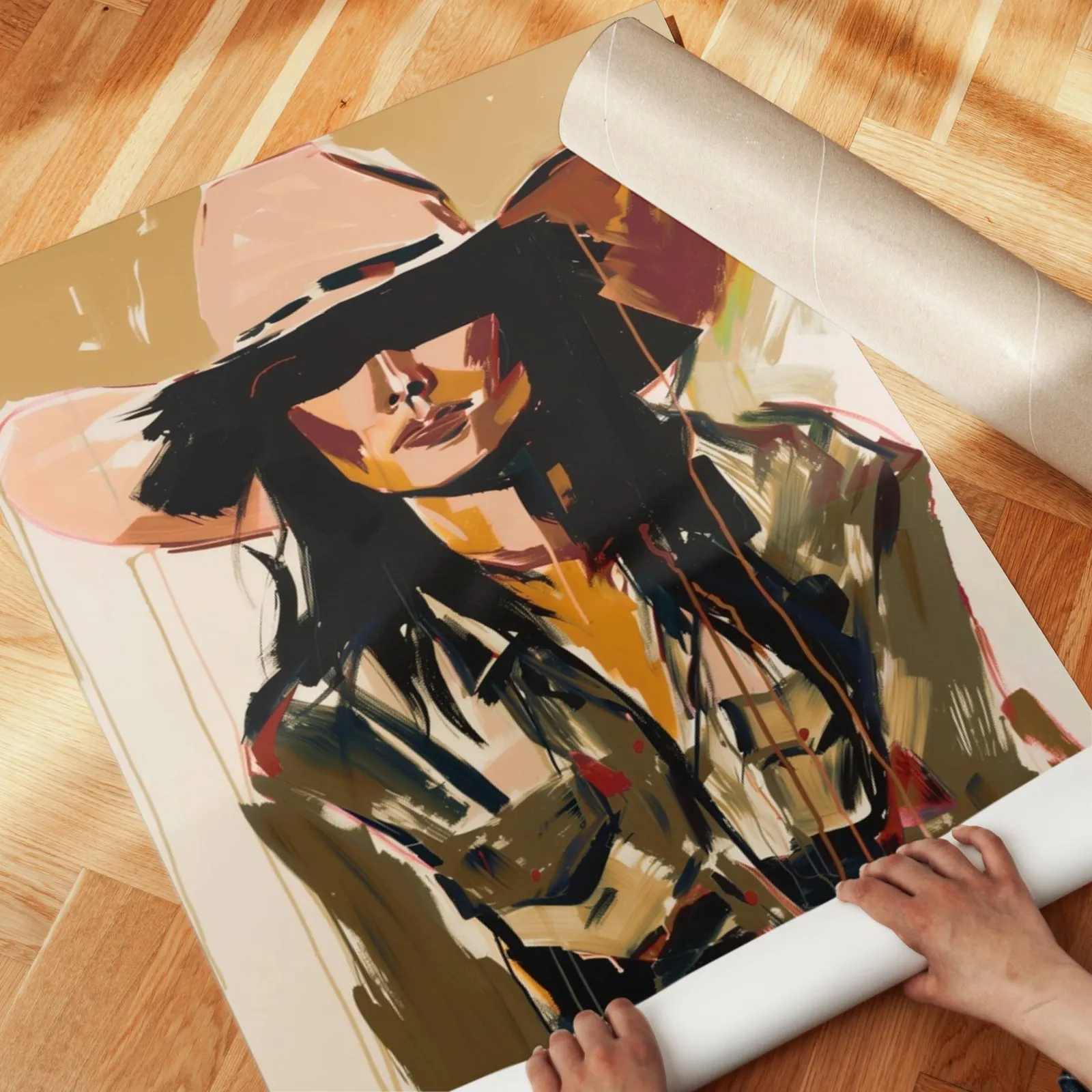abstract cowgirl portrait wall art in brown and terracotta, unrolled across a herringbone parquet floor by hand