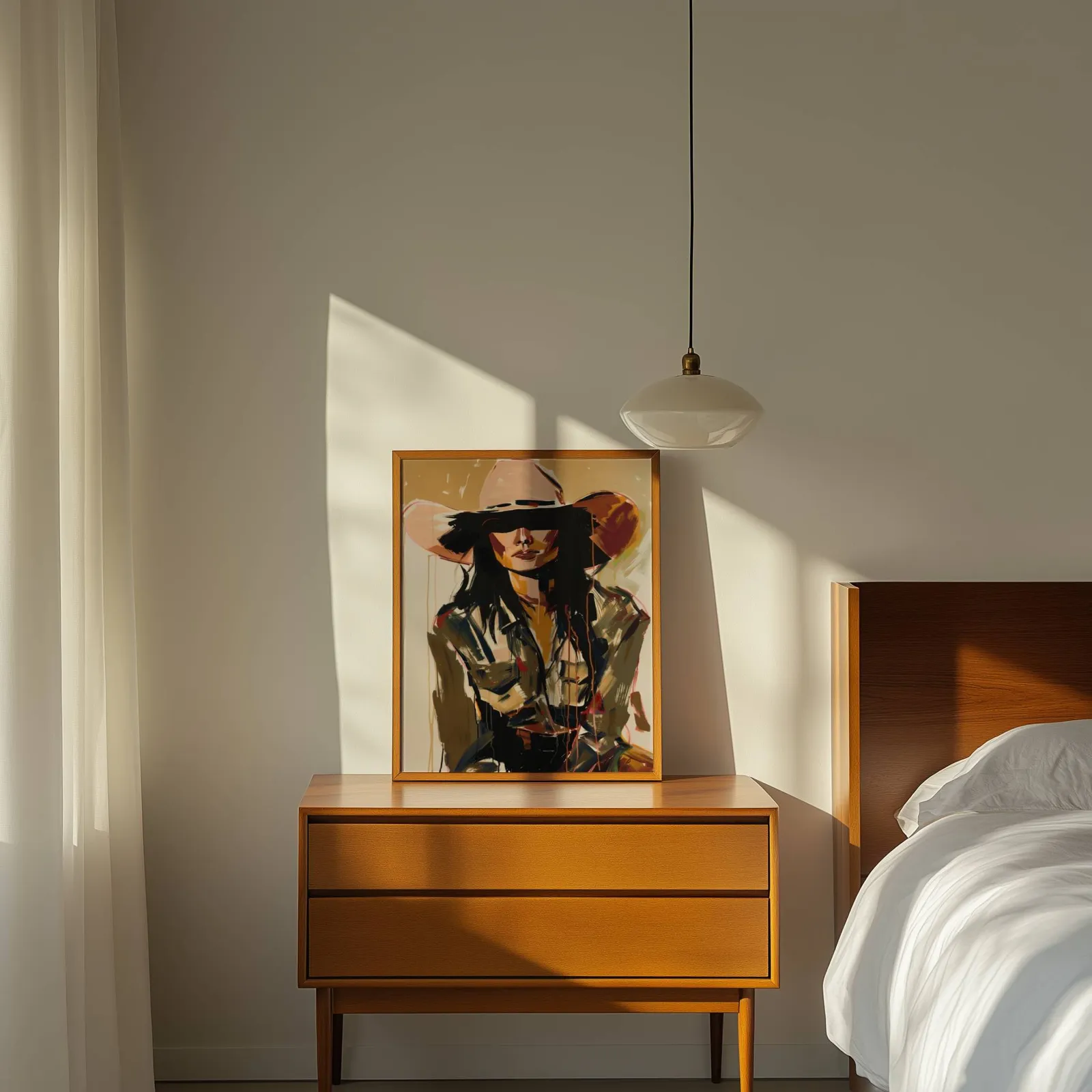 abstract cowgirl portrait wall art in brown and terracotta, propped on a wooden dresser beside a pendant lamp