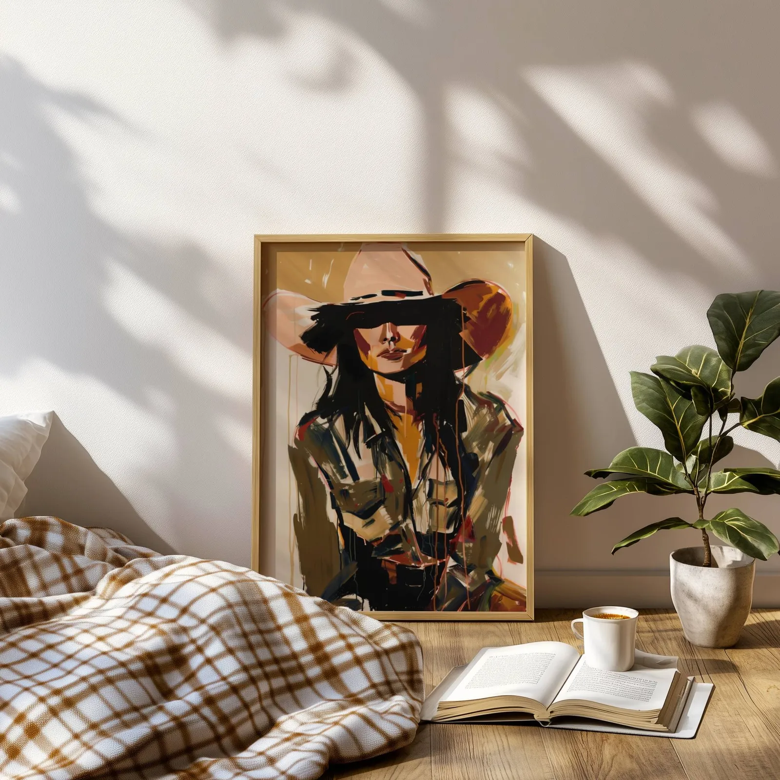 abstract cowgirl portrait wall art in brown and terracotta, leaning on a sunlit floor beside a plaid blanket and open book