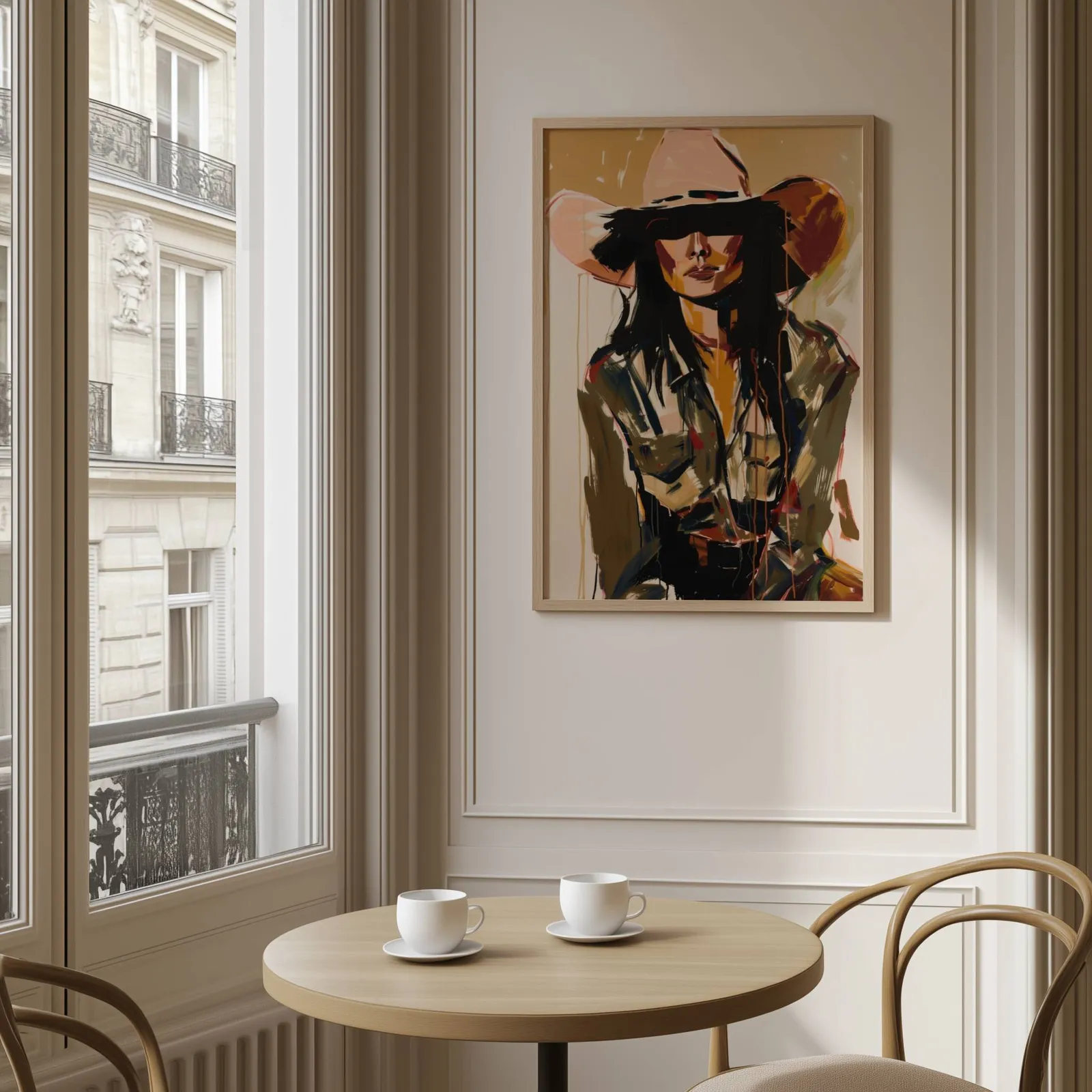 abstract cowgirl portrait wall art in brown and terracotta, above a round café table set with two coffee cups