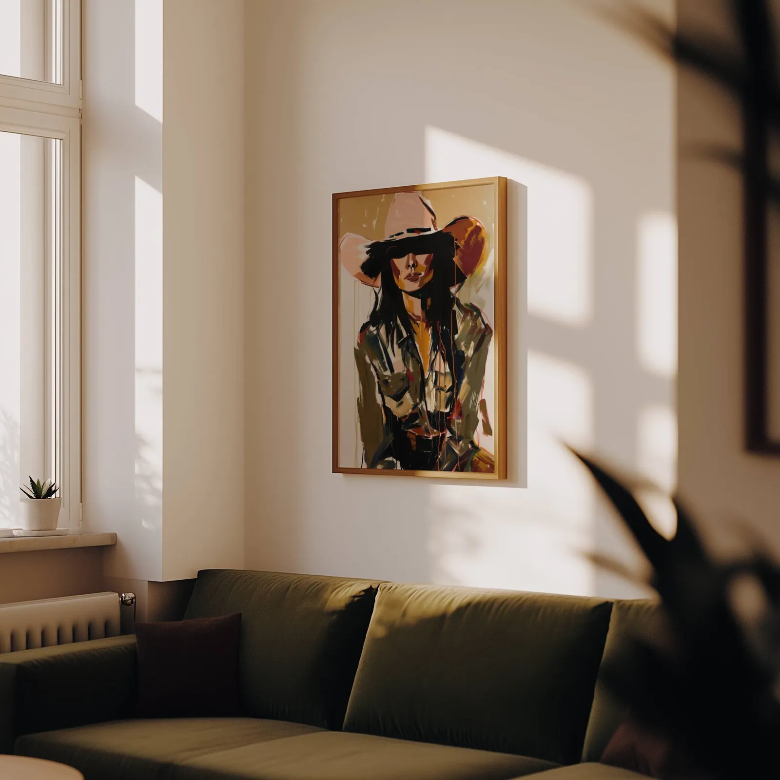 abstract cowgirl portrait wall art in brown and terracotta, above an olive velvet sofa in raking afternoon light