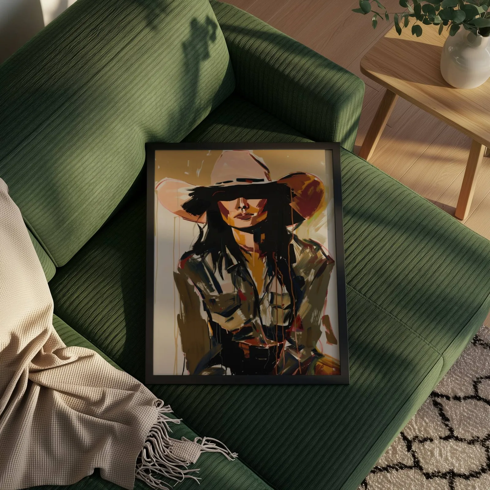 abstract cowgirl portrait wall art in brown and terracotta, propped on a ribbed olive-green sofa beside a fringed throw