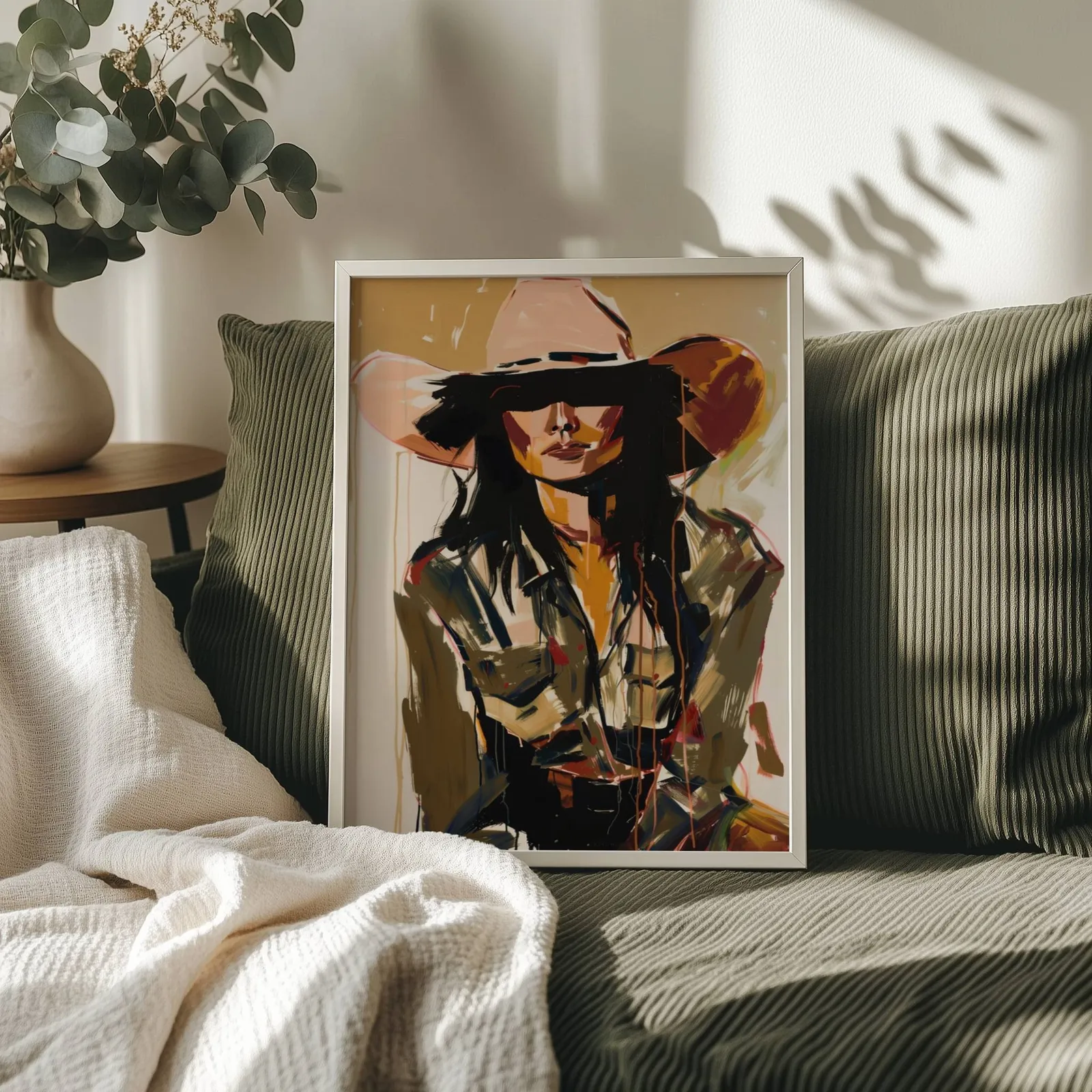 abstract cowgirl portrait wall art in brown and terracotta, propped on an olive corduroy sofa beside a eucalyptus vase