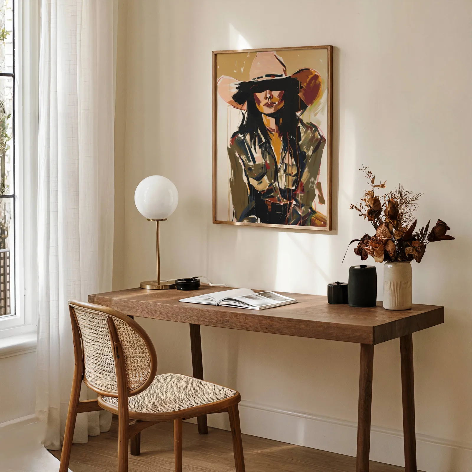 abstract cowgirl portrait wall art in brown and terracotta, above a wooden desk with a globe lamp and dried flowers