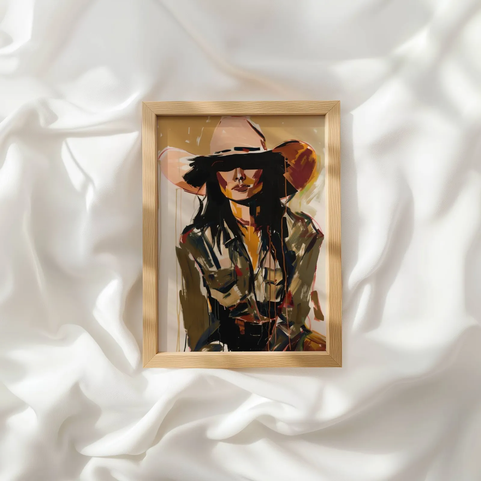 abstract cowgirl portrait wall art in brown and terracotta, resting atop rumpled white silky fabric