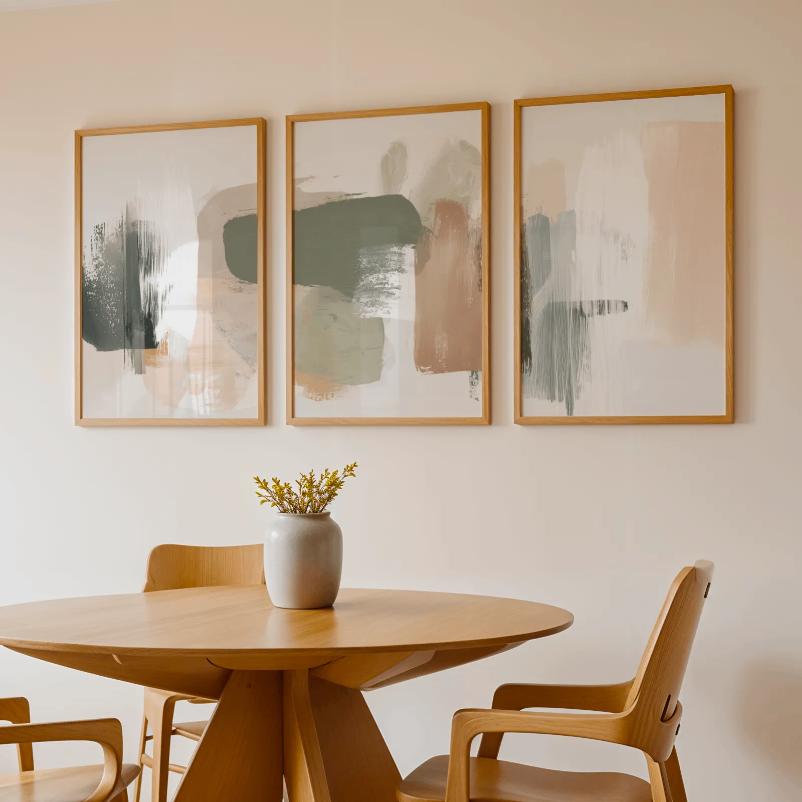 terracotta green abstract wall art set of 3, above a round wooden table with a stoneware vase