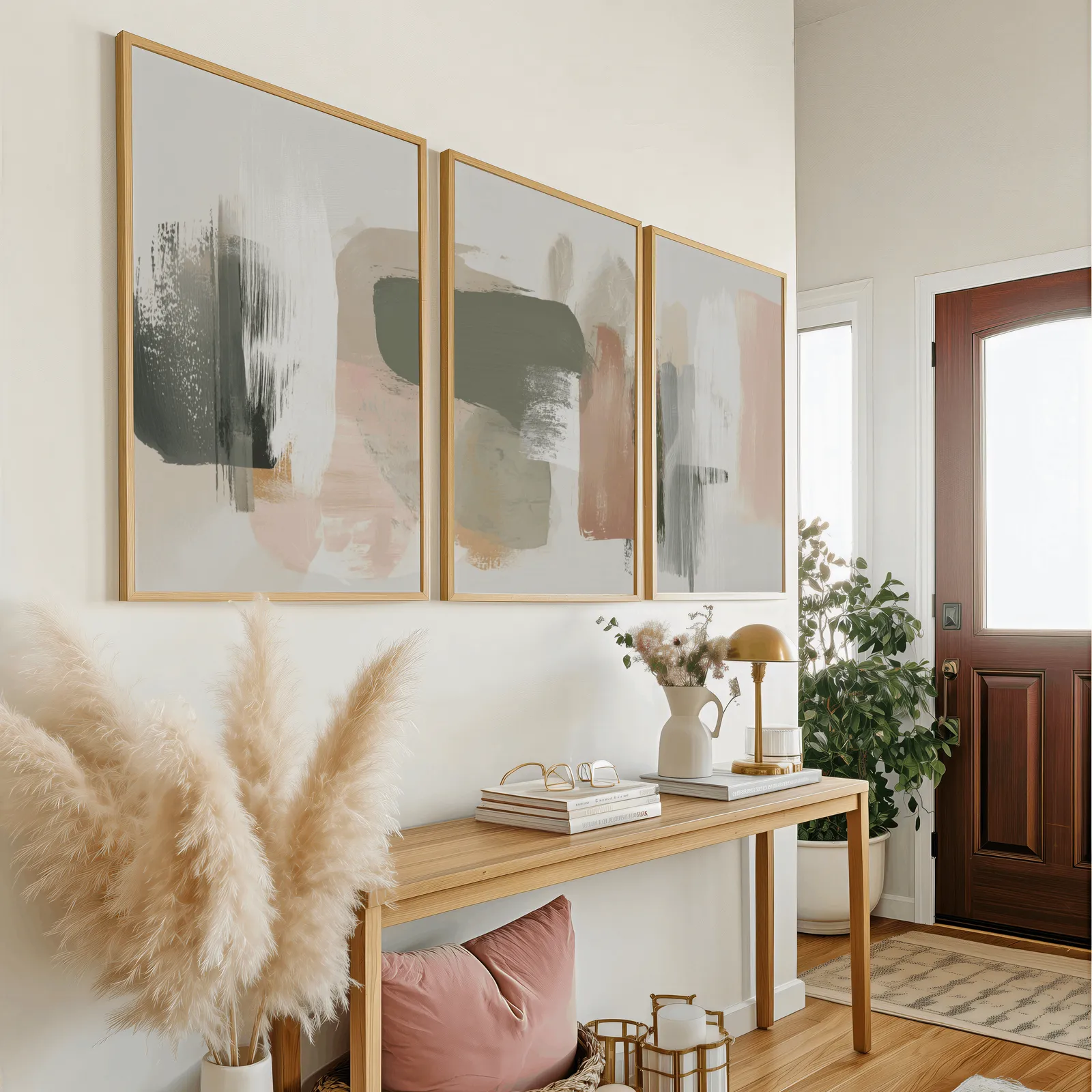 terracotta green abstract wall art set of 3, above a wooden console table near the entry door