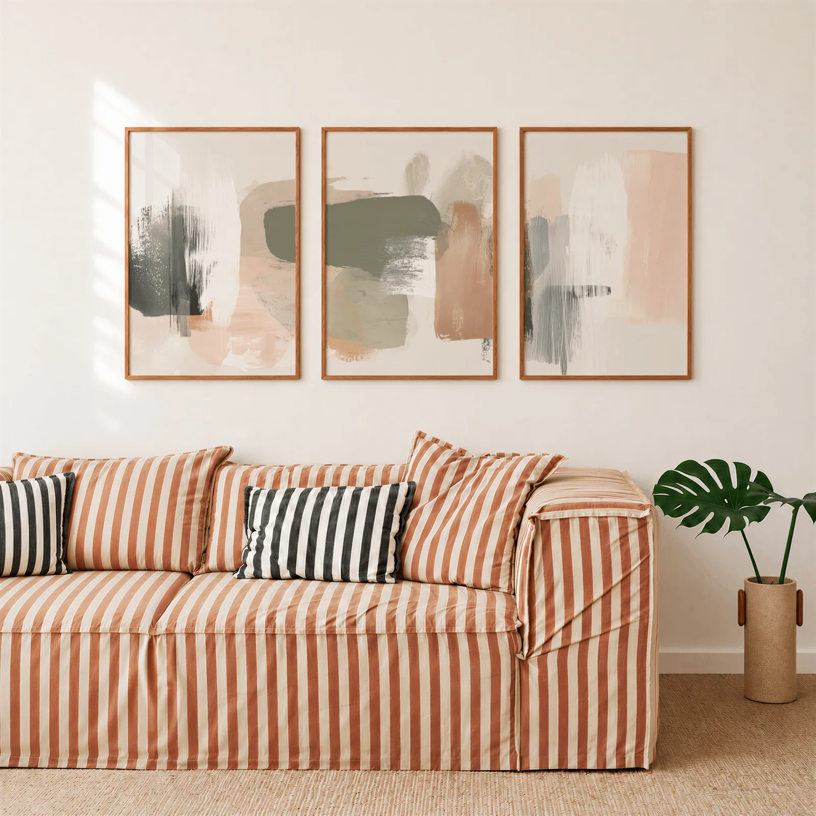 terracotta green abstract wall art set of 3, above a rust-striped sofa beside a potted monstera