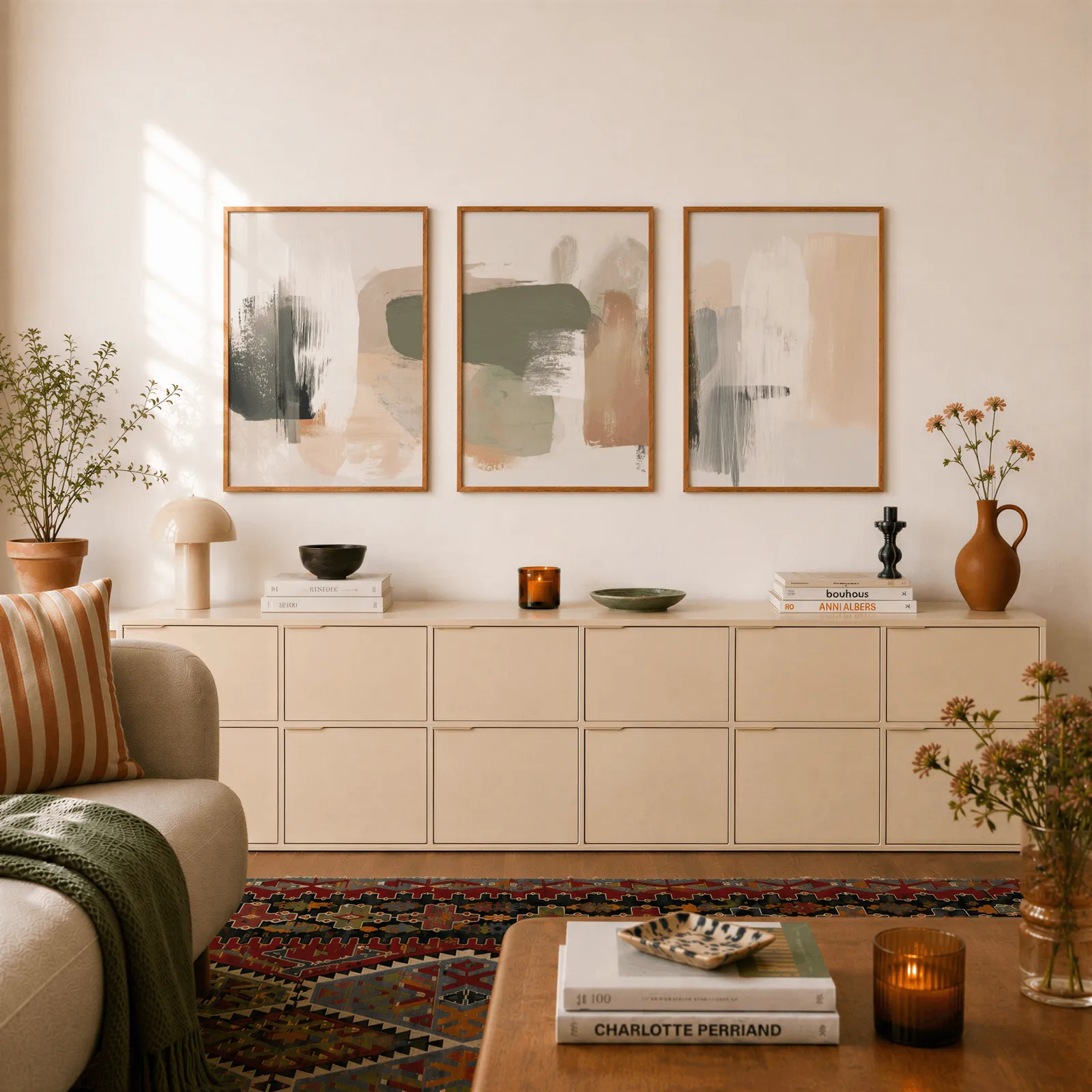 terracotta green abstract wall art set of 3, above a long cream sideboard topped with books and a terracotta jug