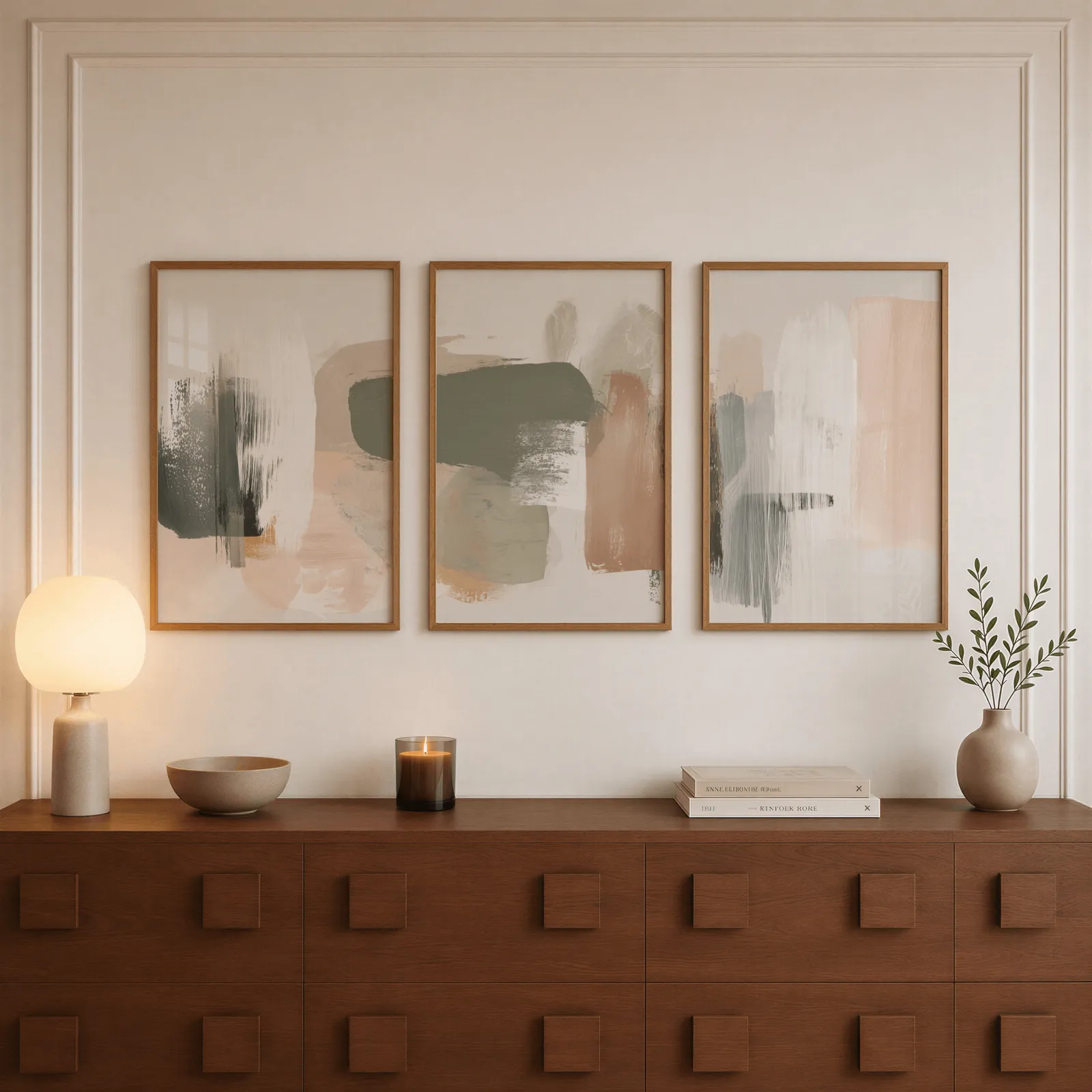 terracotta green abstract wall art set of 3, above a walnut sideboard with a lit candle and glowing lamp