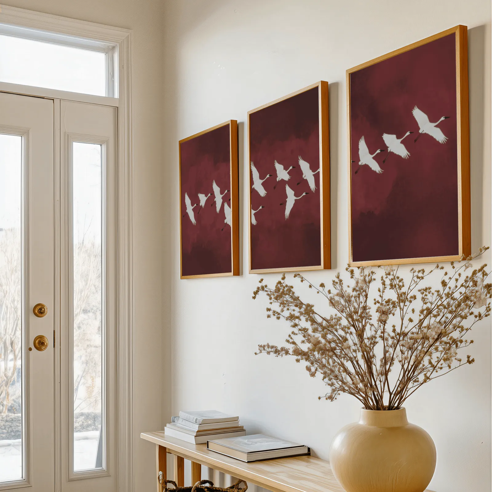 burgundy crane flight triptych wall art, above a console table with a yellow vase of dried branches