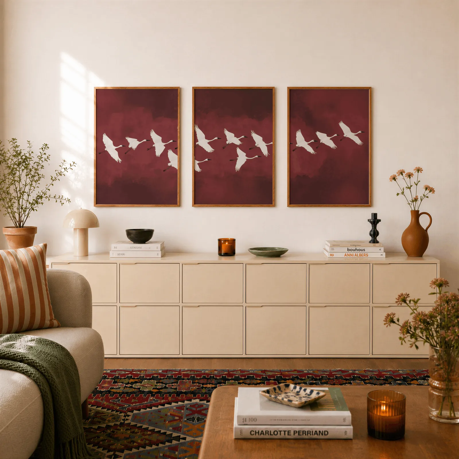 burgundy crane flight triptych wall art, above a long cream sideboard topped with books and a terracotta jug
